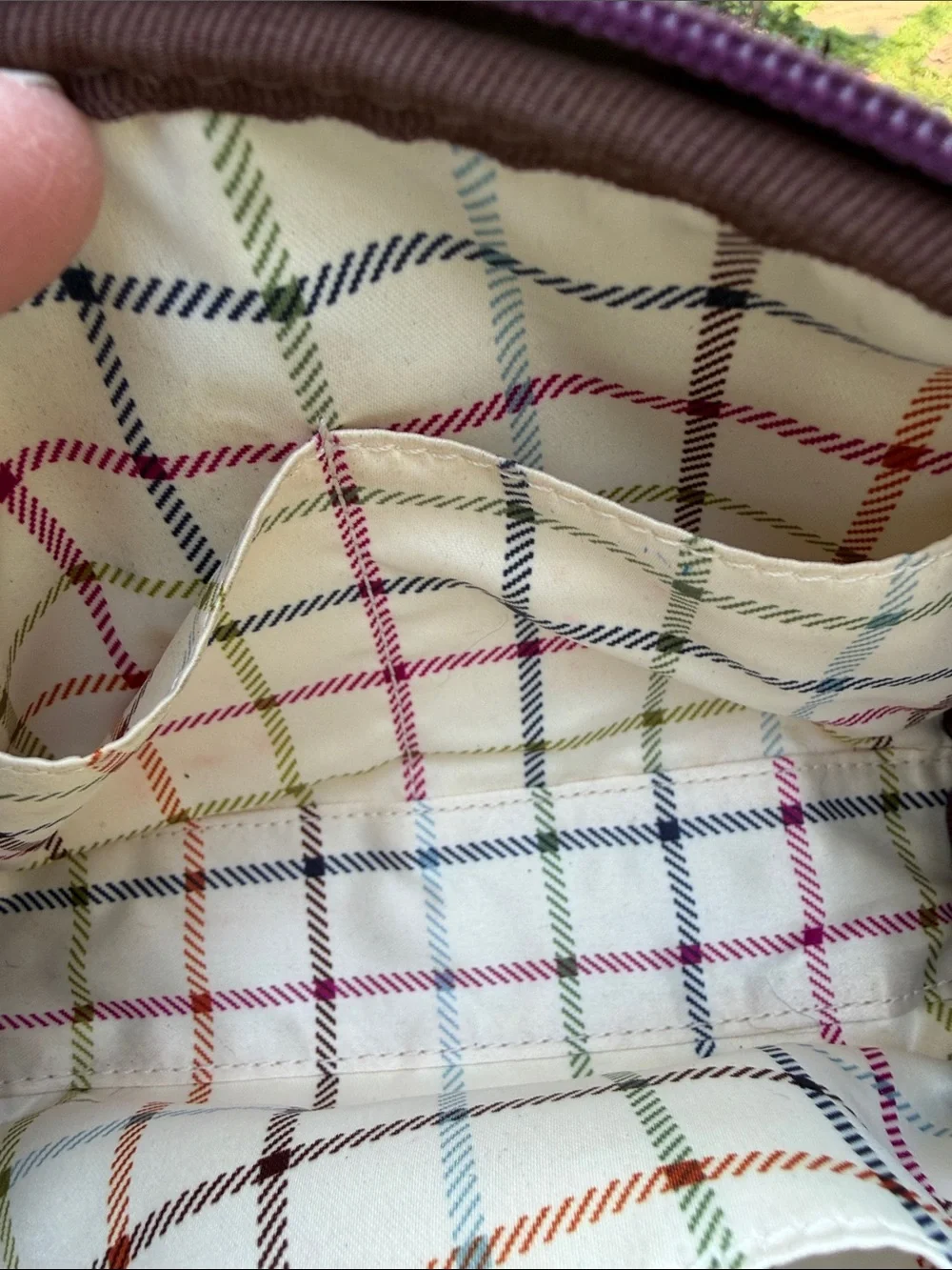 Vintage Coach Signature Canvas Cosmetic Pouch in Tan & Purple Tattersall lining